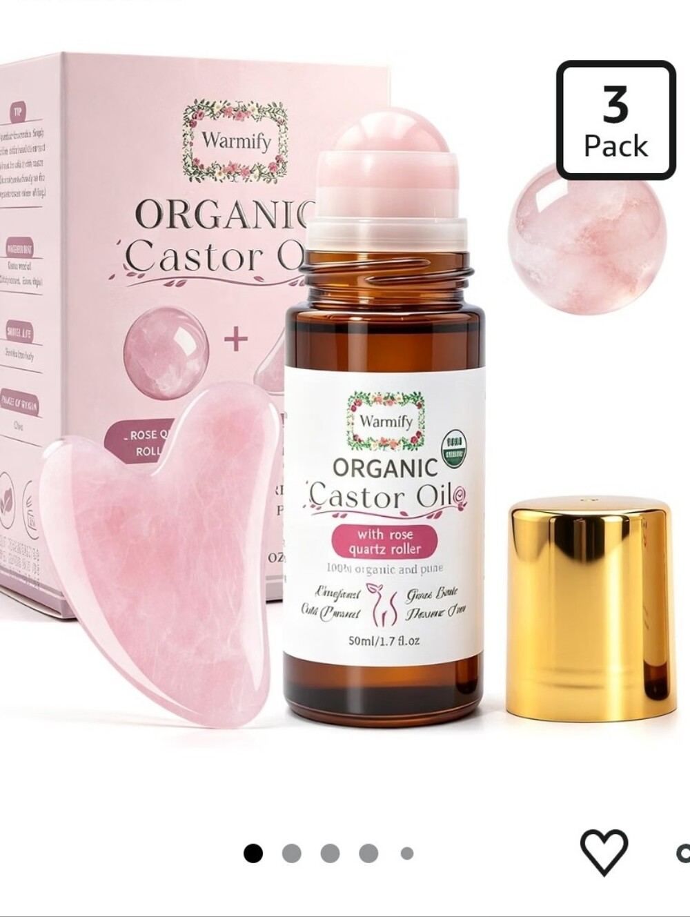 Organic Castor Oil with Rose Quartz Roller & Gua Sha Tool